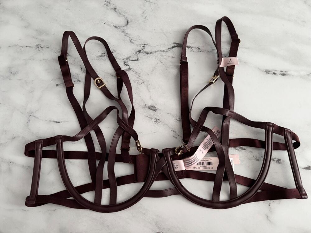 Victoria's Secret Nwt Very Sexy Faux Leather Brown Open Strappy Bra Large L